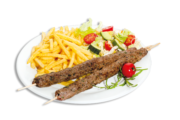 Kebab Adana , carne Tocata de Vita , cartofi Pai, salata, varza, rosi, sos Tartar